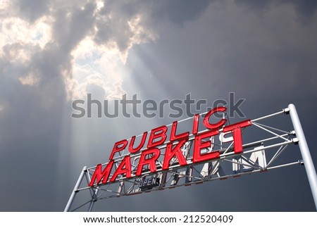neon public market sign with rays of sun coming through clouds