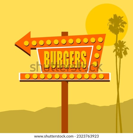 Vintage neon burgers sign with palm trees and bright sun