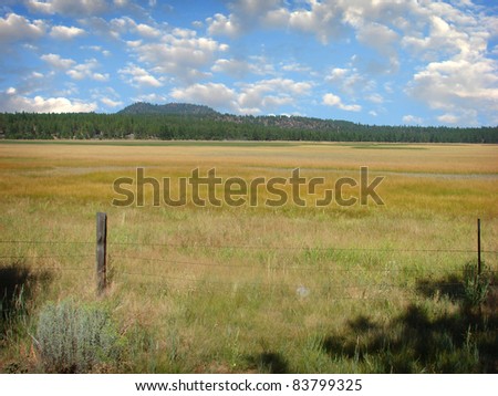 grassy flat land behind old fence with hills in background