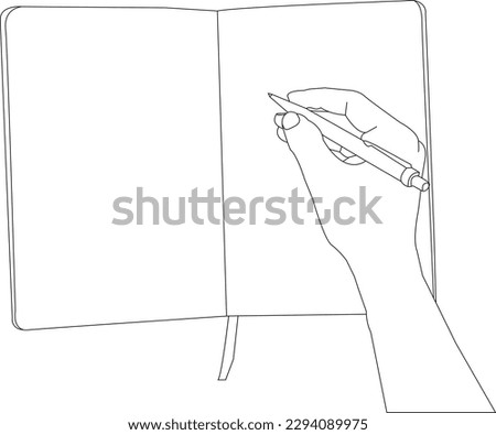 one line drawing hand holding pen with book and outline vector on white background