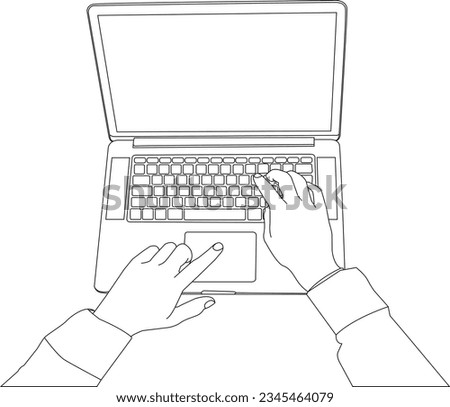 one line drawing hand with personal computer and outline vector on white background