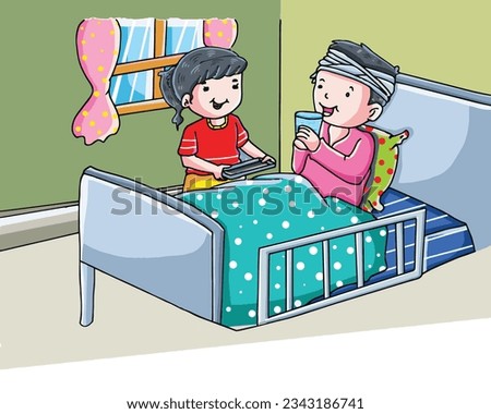 cute cartoon girl caring for her injured brother clipart page for kids. Vector illustration for children. Vector illustration of girl caring for her injured brother isolated on white background.



