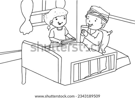cute cartoon girl caring for her injured brother coloring page for kids. Vector illustration for children. Vector illustration of girl caring for her injured brother isolated on white background.


