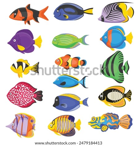 Cute cartoon set of fishes clipart page for kids. Vector illustration for children. Vector illustration of set of fishes isolated on white background.