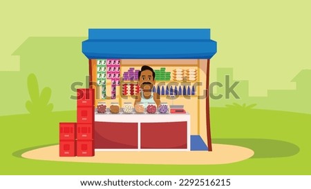 Indian shopkeeper inside the small commercial shop, cartoon style, Tamil shopkeeper, small scale shop, indian store