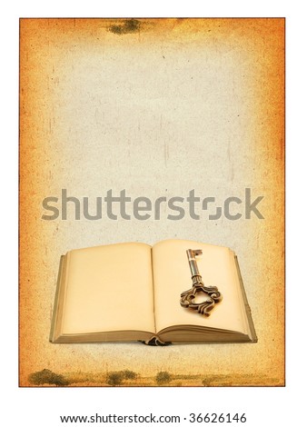 old book and key on piece of stained paper, all isolated on white