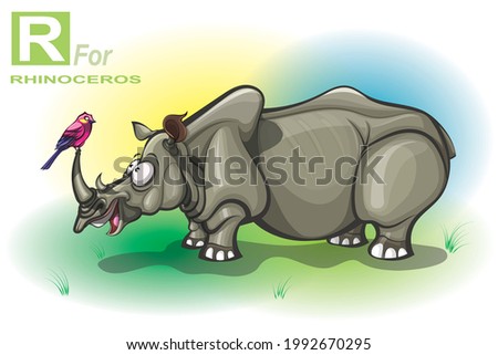 A cartoon rhinoceros is standing in the field. And on top of its horns stands a pink-blue bird looking at the rhinoceros. R for rhinoceros.