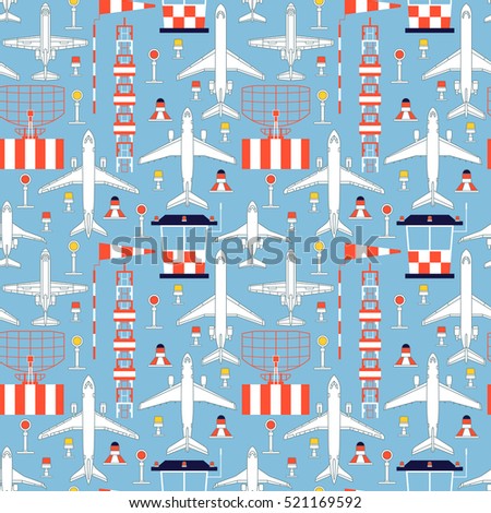 Seamless vector pattern with passenger airplanes and aerodrome facilities can be used for graphic design, textile design or web design.