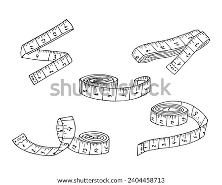 Set of measuring tape hand-drawn illustration. Sketch of metric ribbon.  Centimeter tape. Tool for tailoring, atelier, fitness vector icon isolated on white background.