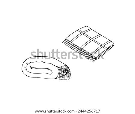 Hand drawn quilts. Folded plaid blanket set, side view.  Doodle style illustration, isolated on white background. 