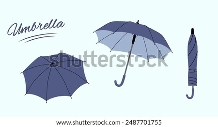 Flat style umbrella. Set of umbrellas in various positions. Open and folded umbrella. 