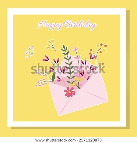  Happy birthday wishing card with an envelope filled with colorful flowers on a yellow background.