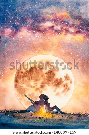 Watercolor Painting - Young man delivers his affection to a fantastic one by guitar under moon night 