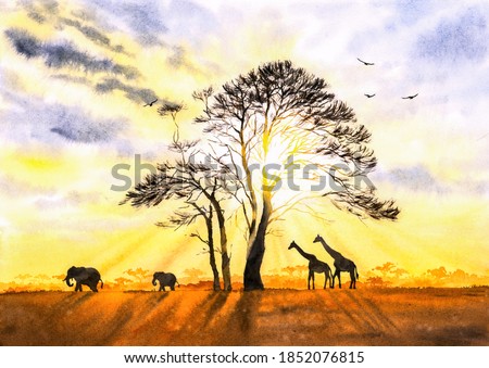 Watercolor Painting - Wild Firaffe and Elephant with Dawn light in Africa Field