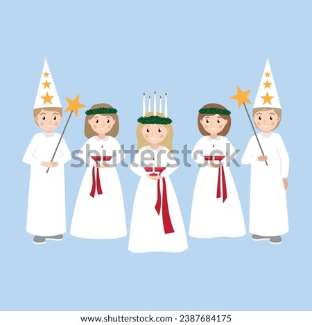 Celebrating Saint Lucia Day. Swedish Christmas tradition. Vector characters in flat style.