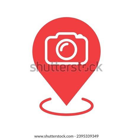Red location pin icon associated with the Photo Studio. Tourist Destination marker symbol. Tourist location pin icon. Point of interest map icon. Camera, Photo Place, and Photography Service icons.