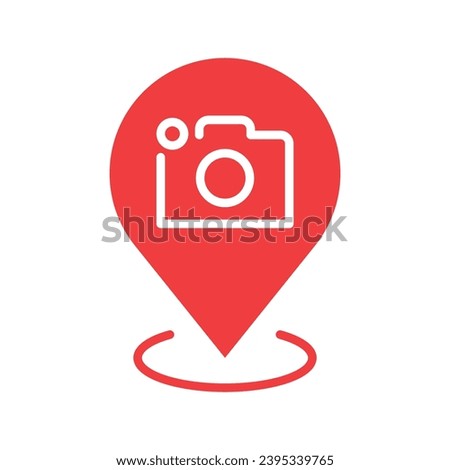 Red location pin icon associated with the Photo Studio. Tourist Destination marker symbol. Tourist location pin icon. Map icon of points of interest. Camera, Photo Spot, and Photography Service icons.