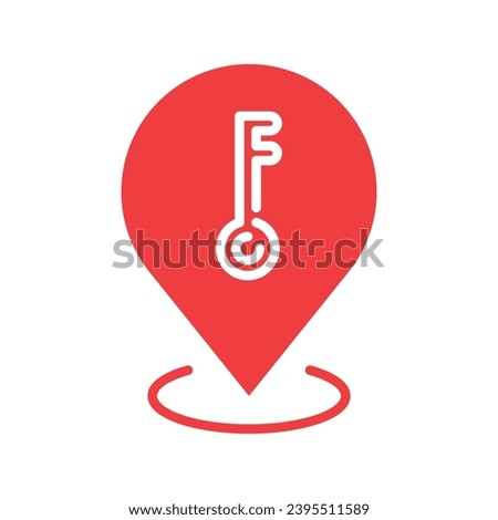 Red color pin icon corresponding to a key. Key map symbol. Store location pin, lock, antique. Simple vector illustration.
