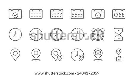 Time, date and address concept editable stroke outline icons set isolated on white background flat vector illustration. Pixel perfect. 64 x 64.