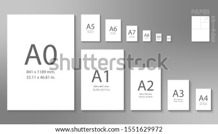 Paper sizes A0 to A10 format isolated on grey background.