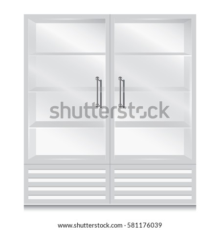Freezer and glass door fridge with door handle open on the right and left on white background.