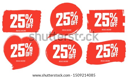 Set Sale 25% off banners, discount tags design template, extra promo, brush grunge, app icons, vector illustration
