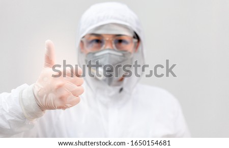 Doctor gesture up confidence Let the patient for outbreak COVID-19. medical in laboratory for Prevention of pandemic in Wuhan China. scientist in biological protective Epidemic virus outbreak concept