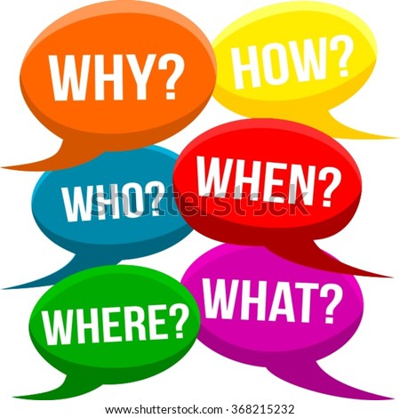 Cartoon Question Bubbles – Why? How? Who? When? Where? What? Questioning