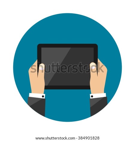 Tablet Computer In Business Man Hands Getting Blank Empty Symbol Sign Modern Flat Vector Illustration Design