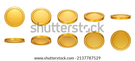 3d realistic empty gold coin rotating animation. Money cash for gambling games, treasure, finance or casino jackpot concept. Golden coins currency top, side and perspective view vector set