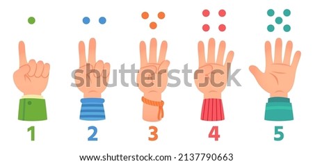 Cartoon kids hands count with fingers one, two, three, four and five. Counting gestures, children hand with sleeves. Numbers studying, learning basic math vector set Foto stock © 
