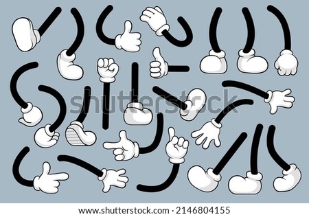 Retro cartoon legs, arms gestures and hands poses. Comic funny character foot walking and hands in glove. Animation mascot body parts vector set Imagine de stoc © 