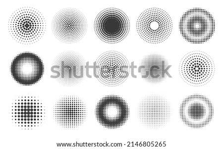 Abstract halftone dots circle patterns and frames. round comic gradient texture effect. Radial screentone brush. Halftone background vector set