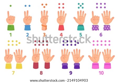 Cartoon kids hands count with fingers from one to ten. Counting gestures, children hand with sleeves. Numbers studying, learning basic math vector set