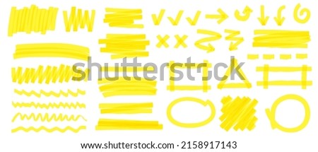 Yellow bright highlight marker lines, scribbleы, underlineб arrows, cross and check symbol. Highlighter oval frame and hand drawn doodles vector set