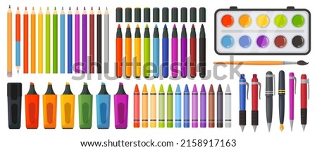 Colored pencils, crayons. markers, pens, ink quill, paint and brush for art school or office. Writing, drawing and crafting colorful tools for kids vector set