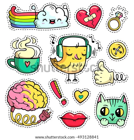 Colorful patch badges with fashion elements and animals. Hand-drawn stickers, pins in cartoon 80s 90s comic style. Set with rainbow, cloud etc. Brain with electric cable. Embroidery designs. Part 1