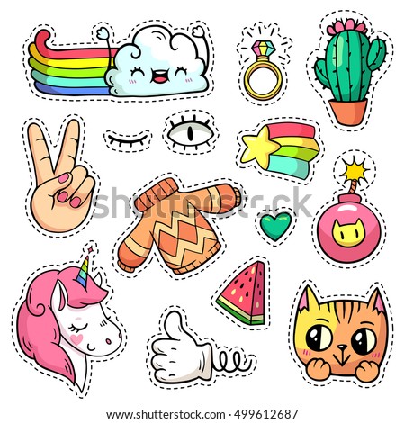 Vector patch badges with animals, characters and things. Hand-drawn stickers, pins, emoji in cartoon 80s-90s comics style. Set with unicorn, cloud, cat, cactus, watermelon, etc. Peace hand. Part 2