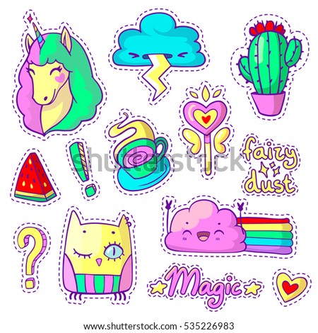 Cool set with neon stickers in pop art comic style. 90s patch badges and pins with cartoon animal characters, food and things. Vector doodle set with unicorn, happy and angry cloud, owl etc. Part 6