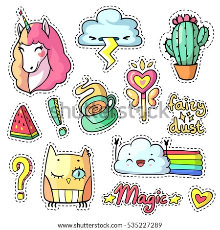 Cool stickers set in pop art comic style for girls. 90s patch badges and pins with cartoon animals, food, things and phrases. Vector chic doodle set with cute unicorn, magic wand, cactus etc. Part 6
