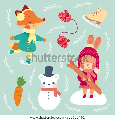 Cartoon forest animals playing outside in snow. Winter sports and attributes. Vector children's illustration for print. Cute little bunny girl with skis and fox skate. Part 2