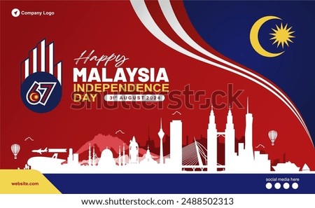 Happy Anniversary of 67th Malaysia Independence Day called Hari Merdeka 2024.  Banner, Background, Greeting card, Poster and Social Media Feed. Vector Illustration