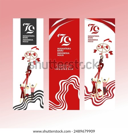 79th Indonesia Independence Day 2024 Vertical Banner Set with Logo, River Graphic Element and Panjat Pinang ( Climbing Game) Illustration. Red White Indonesian Banner. Vector Illustration