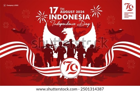 Exclusive 79th Anniversary of Indonesia 2024 vector Illustration with military power, dynamic red white background, Pancasila, indonesian map, 79 logo design. Dirgahayu RI 2024 background