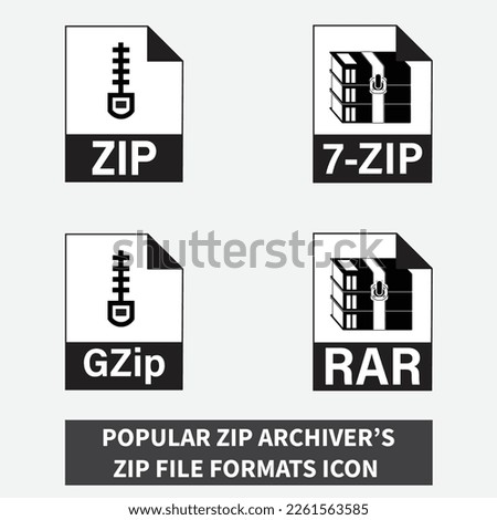 Popular Zip Archivers Zip File Formats Icon. Effortlessly manage your files with this vector icon set of popular zip archivers. Ideal for compression, storage, and organization. Customizable design.