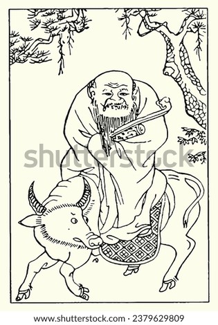 A Chinese monk on a buffalo. Engraving, teachings of Taoism.