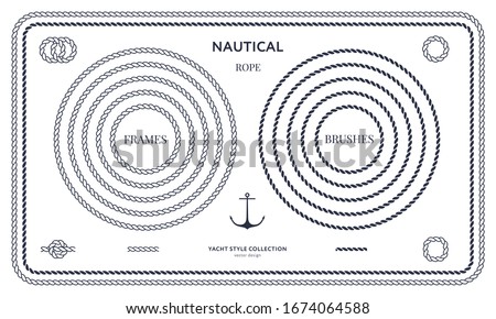 Nautical rope frames and bordes set. Yacht style design. Vintage decorative elements. Template for prints, cards, fabrics, covers, flyers, menus, banners, posters and placard. Vector illustration. 