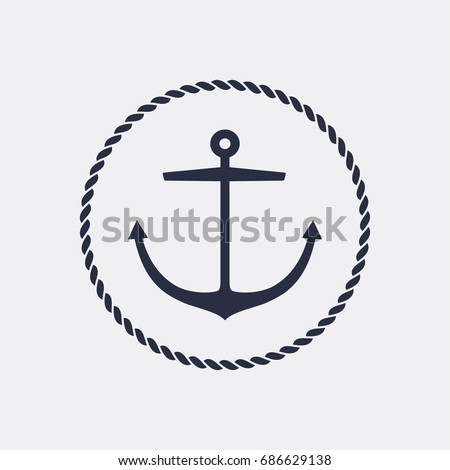 Anchor emblem with circular rope frame . Yacht style design. Nautical sign, symbol. Universal icon. Simple logotype template. Vector illustration.