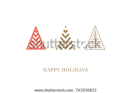 Winter holidays greeting card with decorative geometric Christmas trees. Merry Christmas and Happy New Year. Elegant template for postcards, invitations, banners. Vector illustration. EPS 10