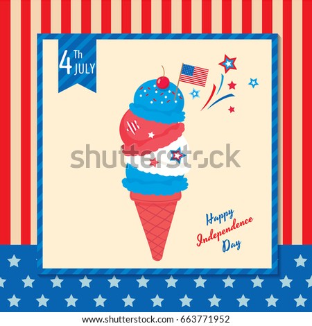 Ice cream cone design for Happy Independence day United states of America, 4 th July on usa flag background.